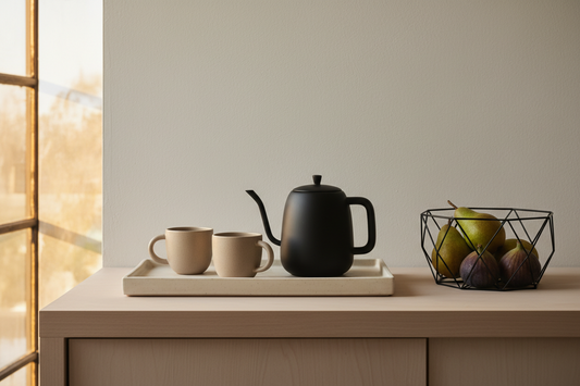 Minimalist fall kitchen counter with ceramic mugs on a tray, wire basket with seasonal fruit, and warm natural lighting