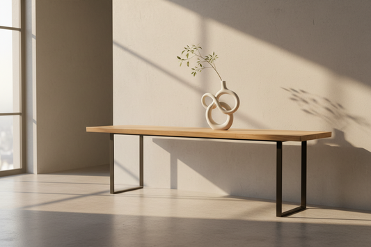 A beautifully styled minimalist living room featuring an abstract line vase and neutral decor, by Fit-Flow.