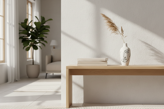 A minimalist living room styled with an abstract line vase and a cotton waffle knit throw, by Fit-Flow.