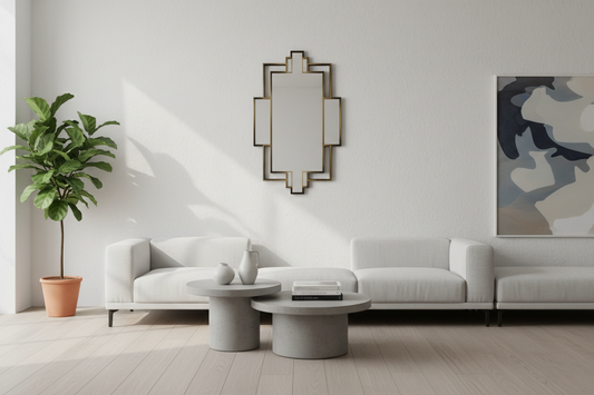 A professional home decor setup featuring a deco wall mirror, scent candle, and mushroom lamps, by Fit-Flow.