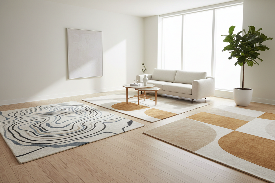 A professional home decor setup featuring abstract rugs, scent candle, and cotton waffle knit throws, by Fit-Flow.