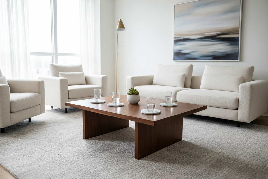 A professional home decor setup featuring coasters, scent candle, and cotton waffle knit throws, by Fit-Flow.