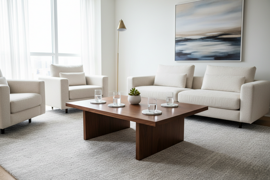 A professional home decor setup featuring coasters, scent candle, and cotton waffle knit throws, by Fit-Flow.