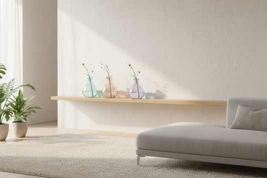 A professional home decor setup featuring gradient glass bud vases, scent candle, and abstract line vases, by Fit-Flow.