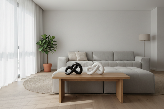 A professional home decor setup featuring abstract knot objects, scent candle, and cotton waffle knit throws, by Fit-Flow.