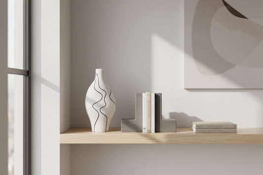 Minimalist home decor featuring abstract line vases and minimalist bookends on a shelf, by Fit-Flow.