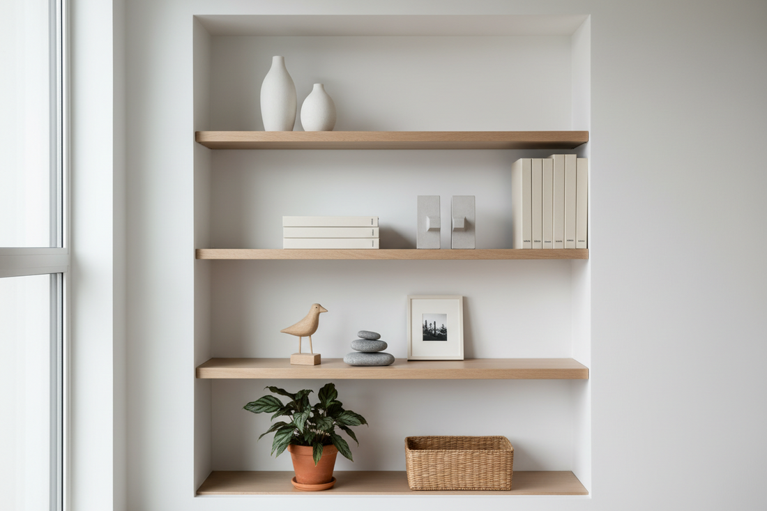 Minimalist bookshelf styled with ceramic vases, sculptural bookends, and small figurines in a Nordic-inspired living room