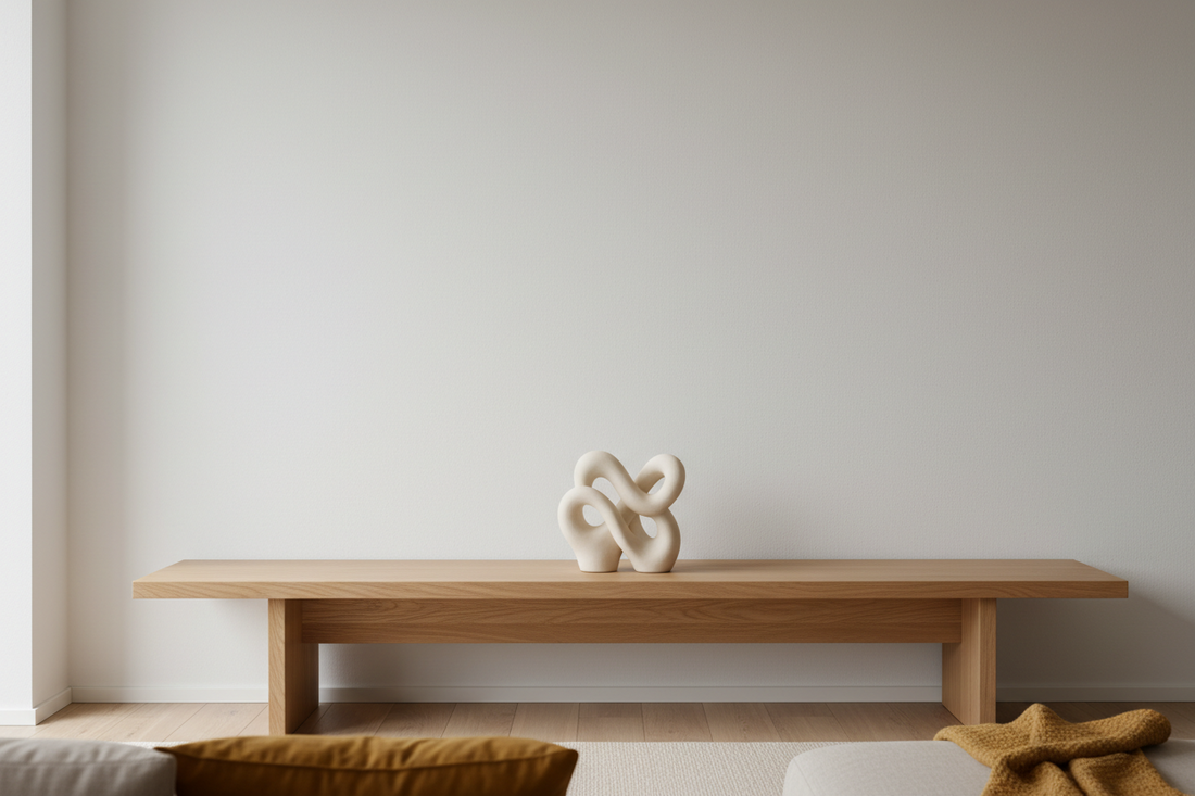 Abstract home sculpture styled on a minimalist console table in a Nordic-inspired living room with soft natural light and neutral tones