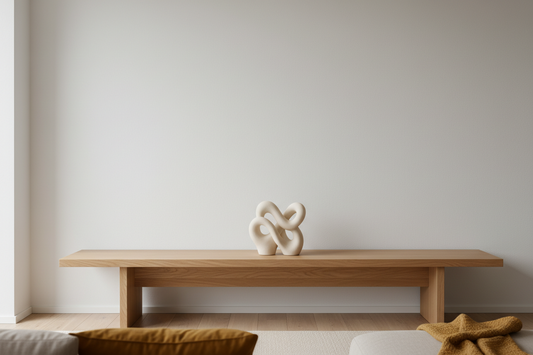 Abstract home sculpture styled on a minimalist console table in a Nordic-inspired living room with soft natural light and neutral tones