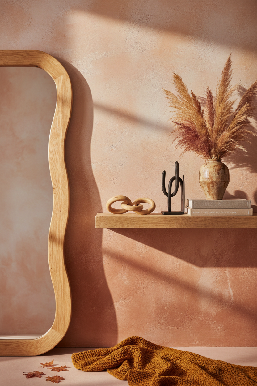 Fall wall decor styled with a wavy boho mirror, wood chain sculpture, and abstract metal bookends for 2026