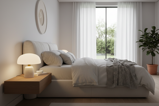A professional bedroom sanctuary featuring mushroom lamps, scent candle, and abstract line vases, by Fit-Flow.