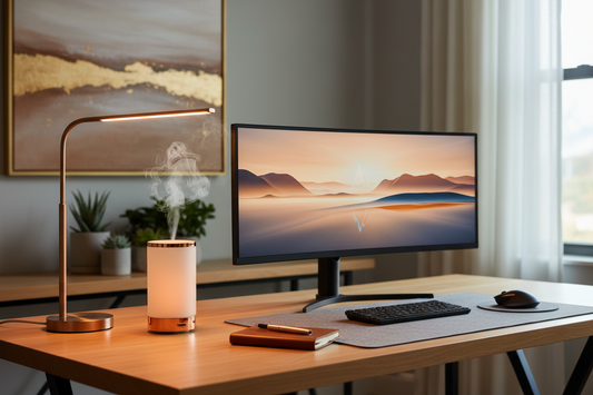 A professional home office sanctuary featuring aroma diffusers, mushroom lamps, and minimalist digital clocks, by Fit-Flow.