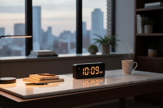 A professional home office sanctuary featuring minimalist digital clock, modular desk organizers, and abstract line vases, by Fit-Flow.