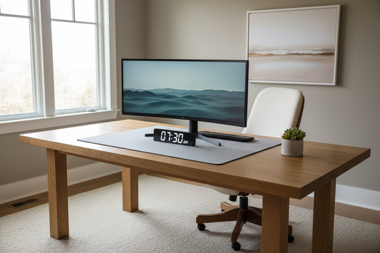 A professional home office sanctuary featuring a minimalist digital clock, aroma diffusers, and abstract line vases, by Fit-Flow.