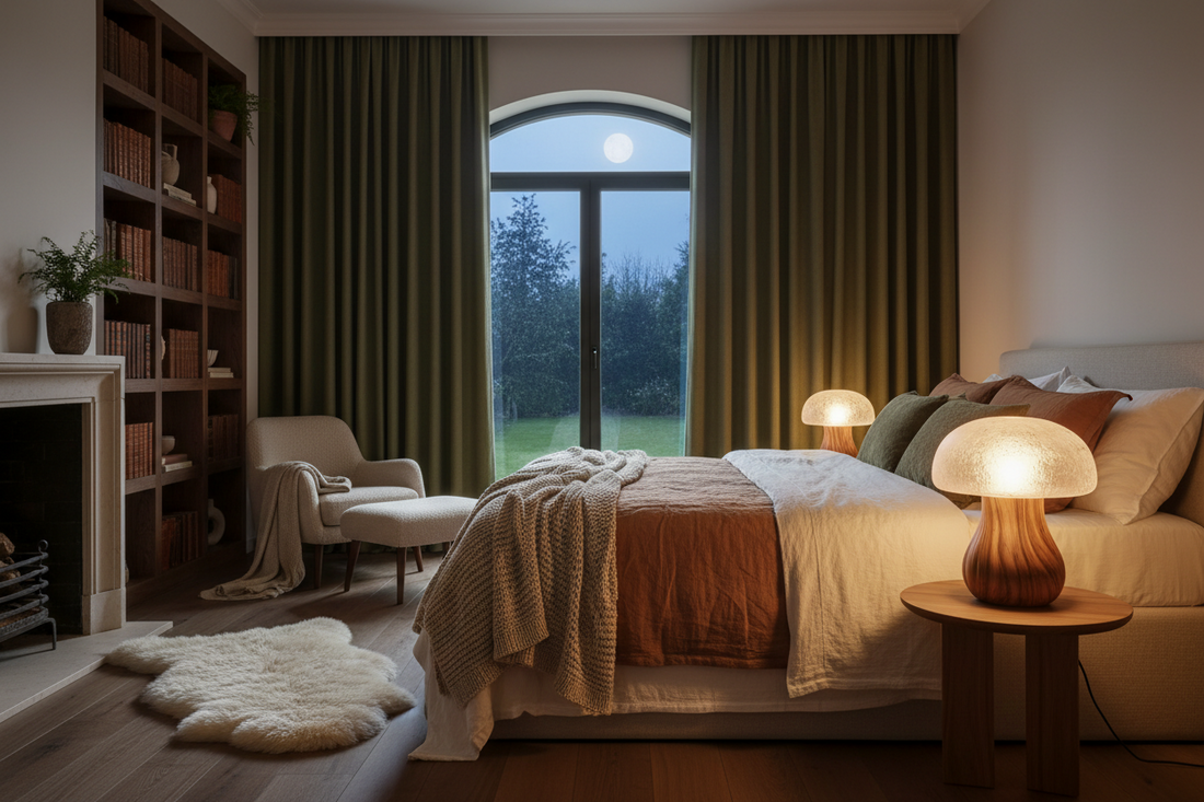 A professional home wellness sanctuary featuring mushroom lamps, aroma diffusers, and scent candles, by Fit-Flow.