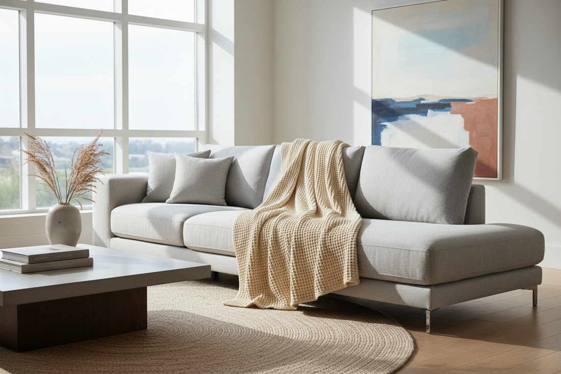 A professional home wellness sanctuary featuring cotton waffle knit throws, mushroom lamps, and minimalist digital clocks, by Fit-Flow.