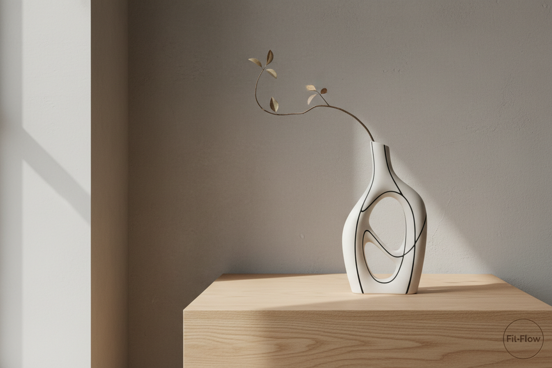 A professional living sanctuary featuring abstract line vases, scent candle, mushroom lamps, and minimalist digital clock, by Fit-Flow.