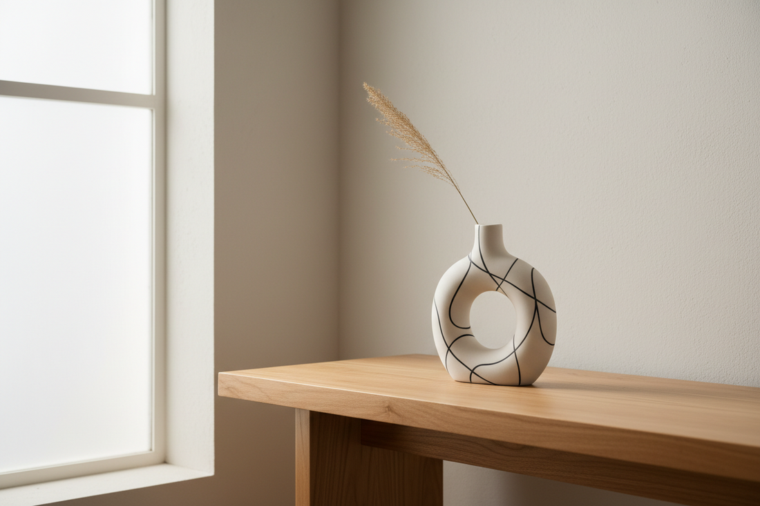 A professional living sanctuary featuring abstract line vases, scent candle, and mushroom lamps, by Fit-Flow.
