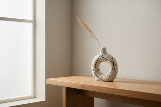 A professional living sanctuary featuring abstract line vases, scent candle, and mushroom lamps, by Fit-Flow.