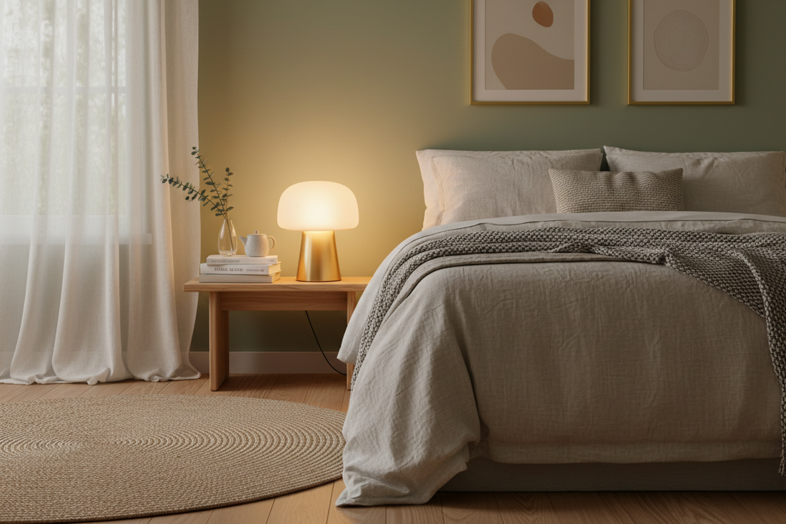 A professional home wellness sanctuary featuring mushroom lamps, aroma diffusers, and cotton waffle knit throws, by Fit-Flow.