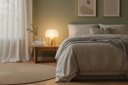 A professional home wellness sanctuary featuring mushroom lamps, aroma diffusers, and cotton waffle knit throws, by Fit-Flow.