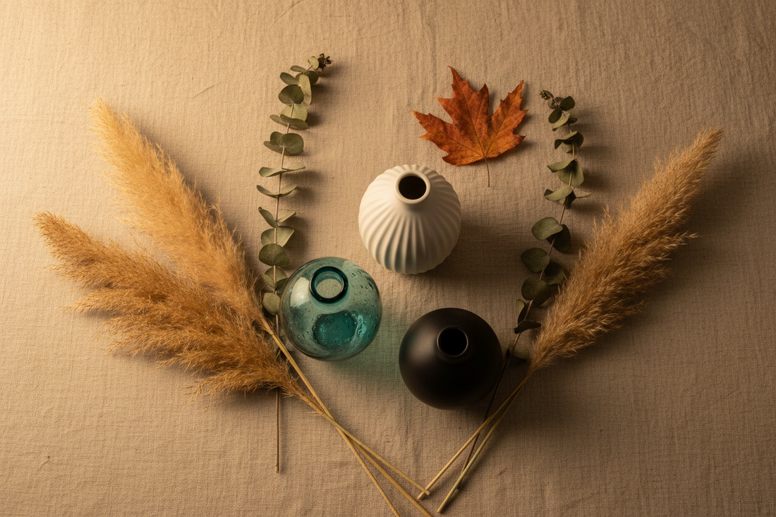 Best vases for fall home decor — ceramic and glass vase collection styled with pampas grass and autumn botanicals