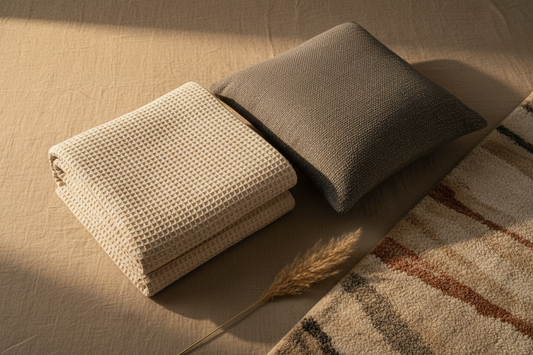 Best cozy throw blankets and rugs for fall home decor — cotton waffle knit throw, textured cushion cover, and abstract rug styled in warm autumn neutrals