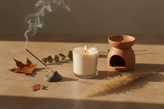 Best scented candles and incense for fall home ambiance — ceramic candle, incense stick, and oil burner styled on a warm stone surface with autumn botanicals