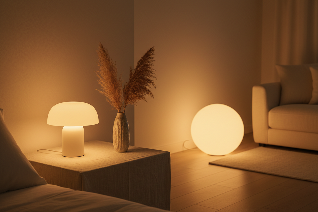 Best cozy lighting for fall home decor — mushroom lamp, ambient lamp, and bedside lamp styled in a warm minimalist autumn interior