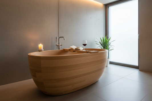 A beautifully styled minimalist bathroom featuring a bathtub caddy, scent candle, and cotton waffle knit throw, by Fit-Flow.