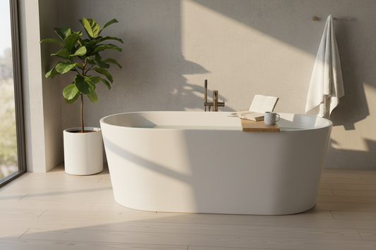 A beautiful and serene minimalist bathroom styled with a luxury wooden bathtub caddy and natural calming decor elements that create a peaceful sanctuary, by Fit-Flow.