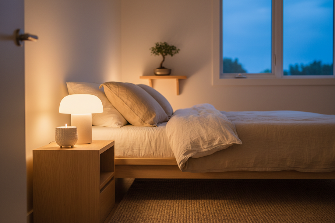 Minimalist bedroom with ceramic candle and mushroom lamp creating warm ambient lighting on a wooden nightstand