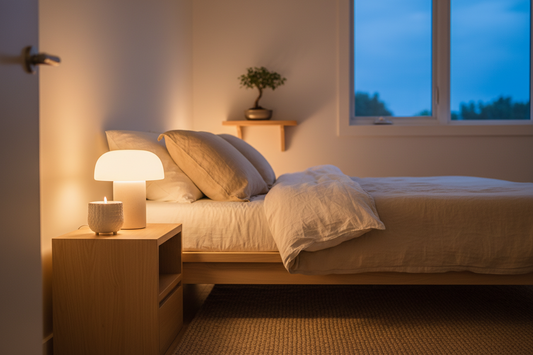 Minimalist bedroom with ceramic candle and mushroom lamp creating warm ambient lighting on a wooden nightstand