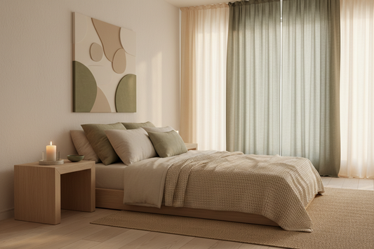 Minimalist bedroom retreat with linen curtains, candle, and coaster on nightstand in neutral tones