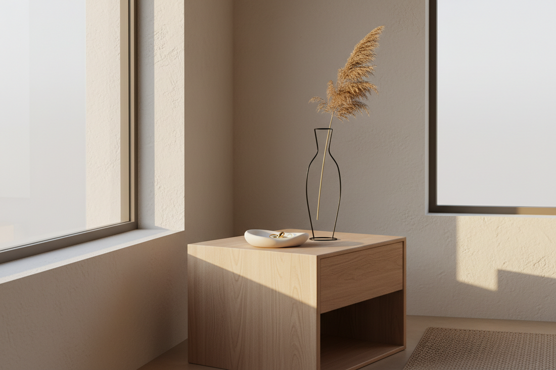 A beautiful and serene minimalist bedroom vanity styled with an elegant jewelry dish and natural decor elements that create a peaceful sanctuary, by Fit-Flow.