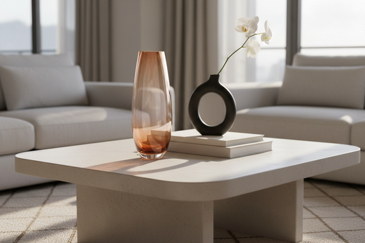 A beautiful and serene minimalist living space styled with modern gradient glass bud vases and natural decor elements that maximize physical comfort and create a peaceful sanctuary, by Fit-Flow.