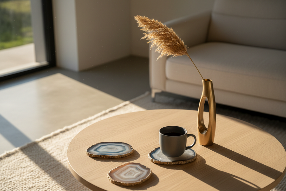 A beautiful and serene minimalist living space styled with modern absorbent coasters and natural decor elements that maximize physical comfort and create a peaceful sanctuary, by Fit-Flow.
