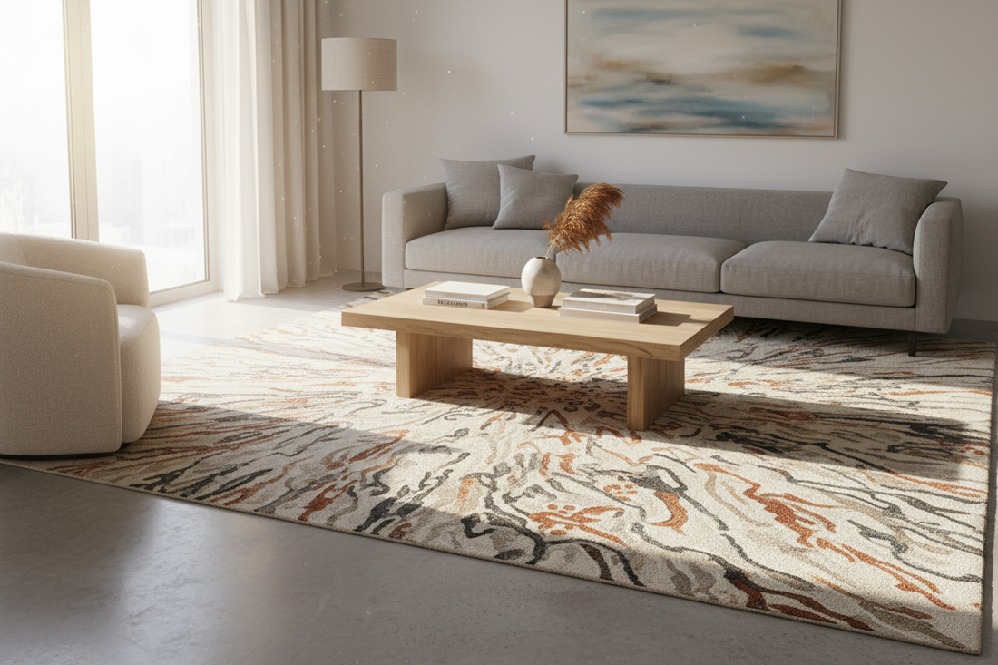 A beautiful and serene minimalist living room styled with a modern abstract rug and cozy decor elements that maximize comfort and create a peaceful sanctuary, by Fit-Flow.