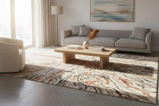 A beautiful and serene minimalist living room styled with a modern abstract rug and cozy decor elements that maximize comfort and create a peaceful sanctuary, by Fit-Flow.