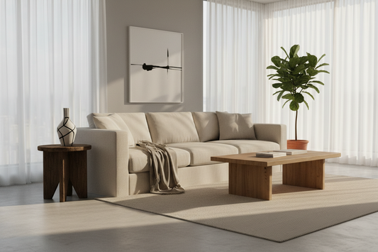 A beautiful and serene minimalist living room styled with calming, natural decor elements that create a peaceful sanctuary, by Fit-Flow.