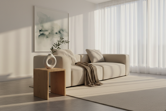 A beautiful and serene minimalist living room styled with calming, natural decor elements that create a peaceful sanctuary, by Fit-Flow.