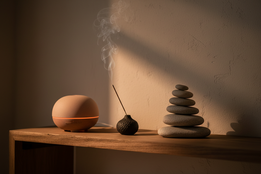 Minimalist home wellness sanctuary corner with sandstone aroma diffuser, zen incense holder, and balance stone sculpture in warm ambient light