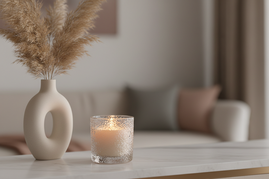 Scented candle in frosted glass vessel on minimalist marble shelf with abstract vase and dried pampas grass — home ambiance decor