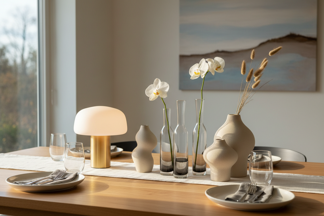 Professional gradient glass bud vases, organic curve ceramic vases, and mushroom lamps creating a serene home sanctuary, by Fit-Flow.