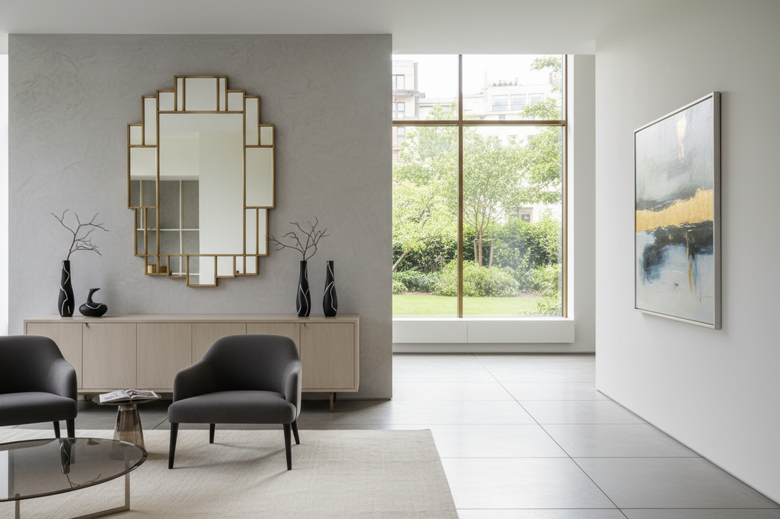 Professional deco wall mirror, abstract line vases, and cotton waffle knit throws creating a serene home sanctuary, by Fit-Flow.