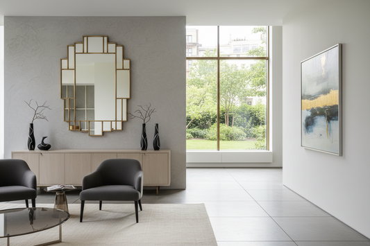 Professional deco wall mirror, abstract line vases, and cotton waffle knit throws creating a serene home sanctuary, by Fit-Flow.