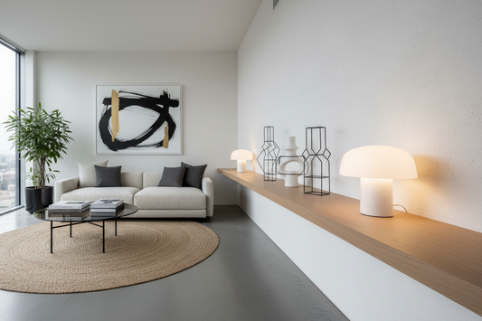 Professional abstract line vases, mushroom lamps, and cotton waffle knit throws creating a serene home sanctuary, by Fit-Flow.
