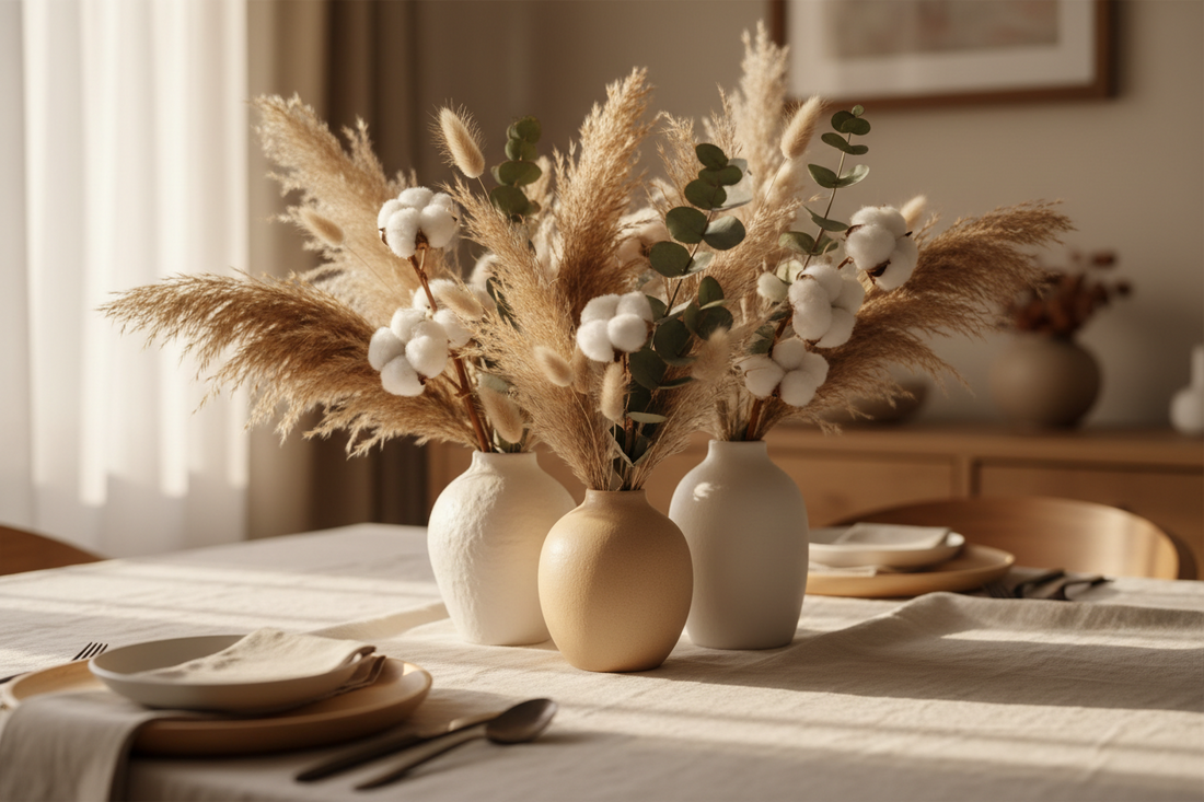 Fall dining table centerpiece with ceramic vases, dried pampas grass, and cotton stems styled for autumn entertaining