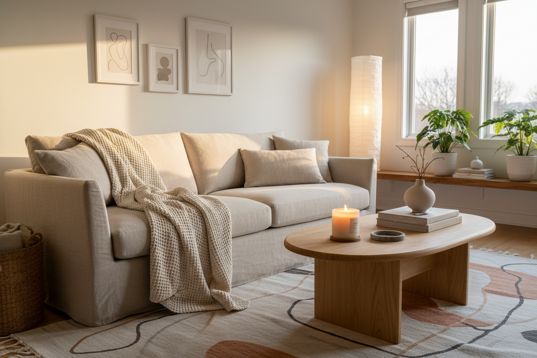 Cozy living room setup with throw blanket, candle, and warm lighting for a Labor Day gathering