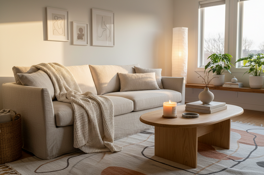 Cozy living room setup with throw blanket, candle, and warm lighting for a Labor Day gathering